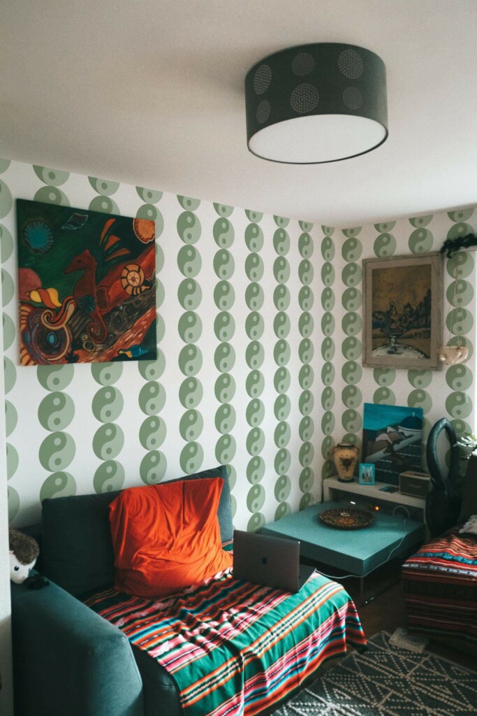 Rustic eclectic style living room decorated with Sage green yin yang peel and stick wallpaper