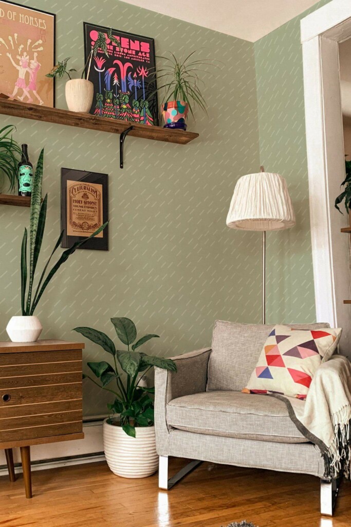 Eclectic style living room decorated with Sage neutral stripes peel and stick wallpaper