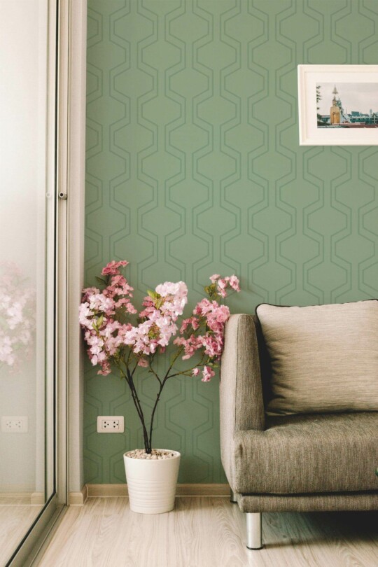 Modern farmhouse style living room decorated with Sage rectangular geometric peel and stick wallpaper