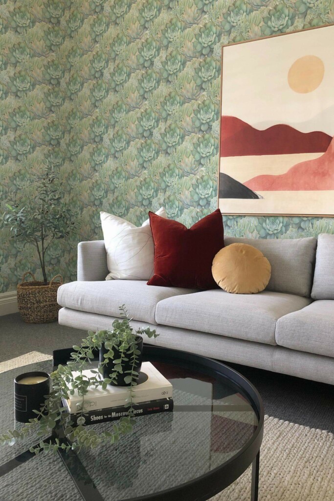 Boho style living room decorated with Sage succulent peel and stick wallpaper