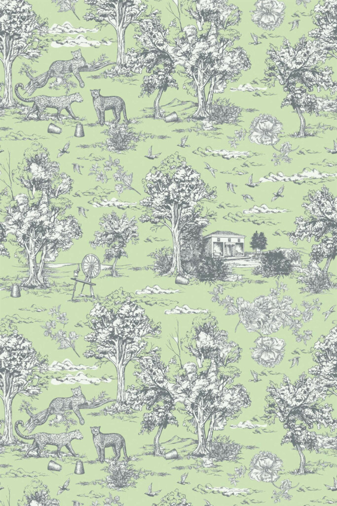 Pattern repeat of Sage toile removable wallpaper design
