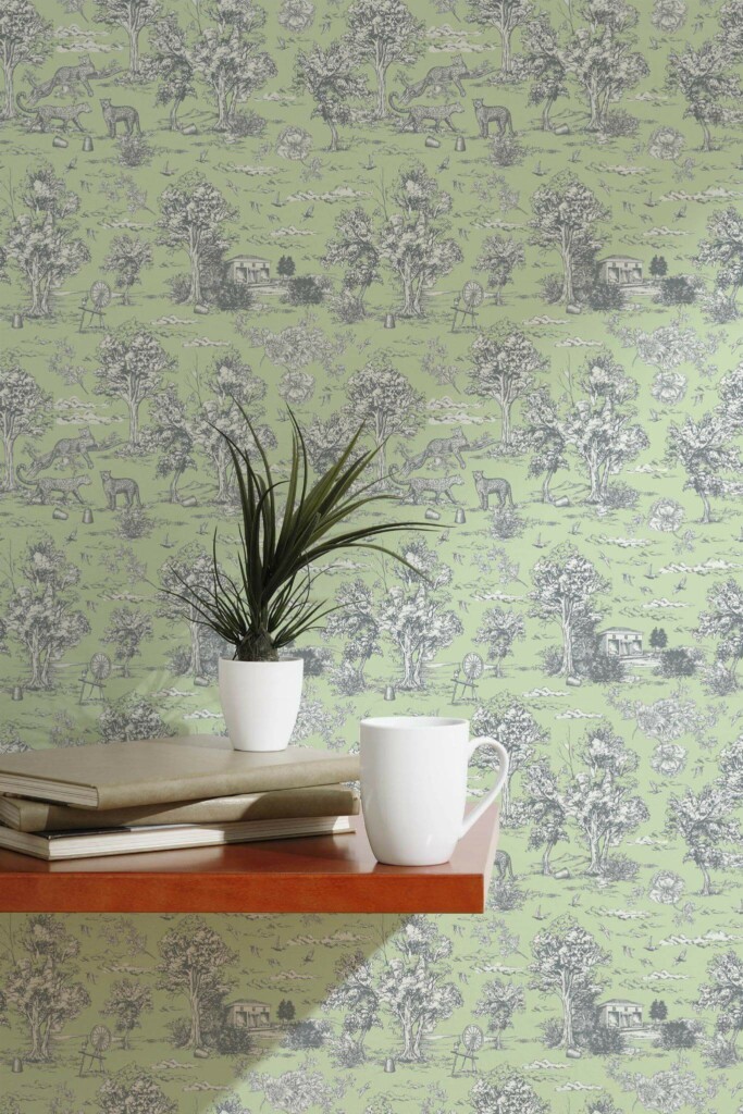 Scandinavian style accent wall decorated with Sage toile peel and stick wallpaper
