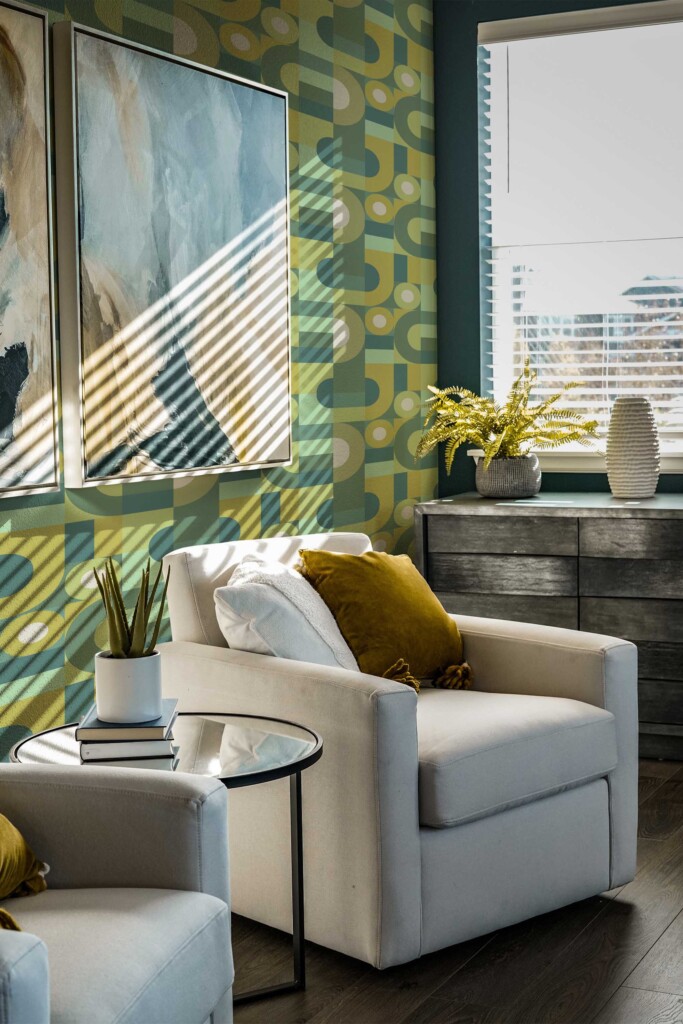 Fancy Walls traditional wallpaper with overlapping sage and cream color shapes