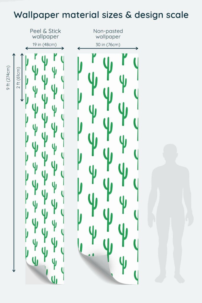 Size comparison of Saguaro cactus Peel & Stick and Non-pasted wallpapers with design scale relative to human figure