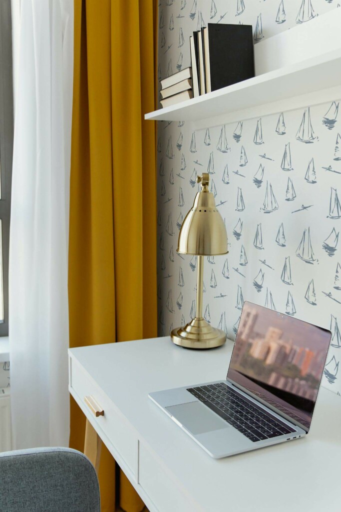 Scandinavian style home office decorated with Sailboat peel and stick wallpaper