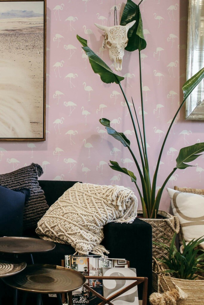 Scandinavian style living room decorated with Salon flamingo peel and stick wallpaper