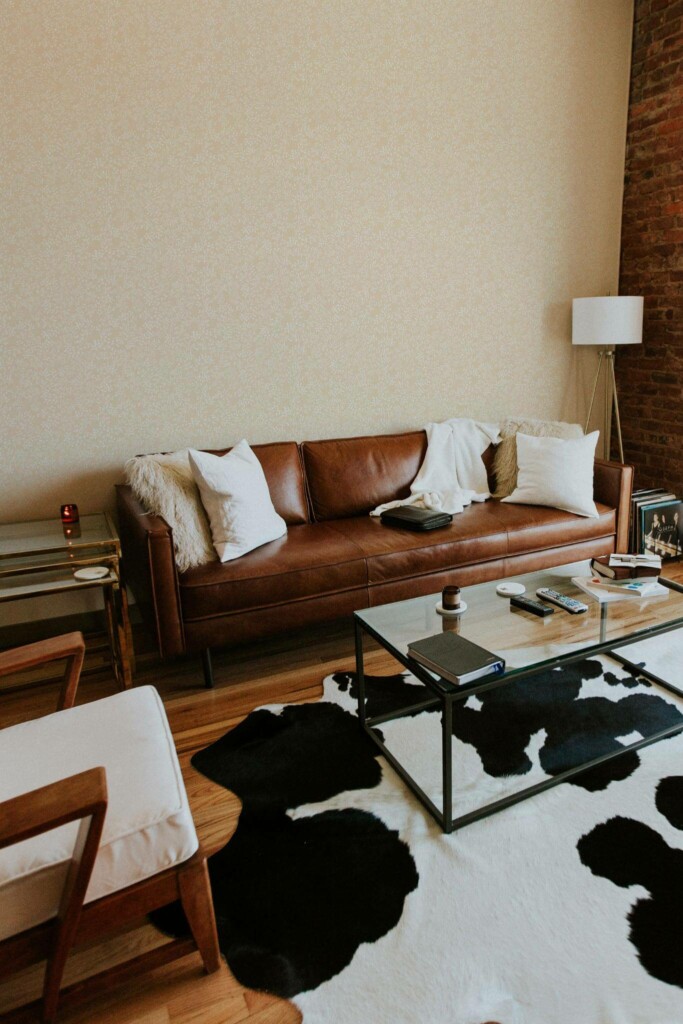 Mid-century modern style living room decorated with Sand color leaf peel and stick wallpaper