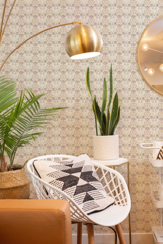 Neutral Art Nouveau peel and stick or non-pasted wallpaper. Fancy Walls self-adhesive or traditional vintage leafy floral elegant wallpaper for calmy living room and other spaces