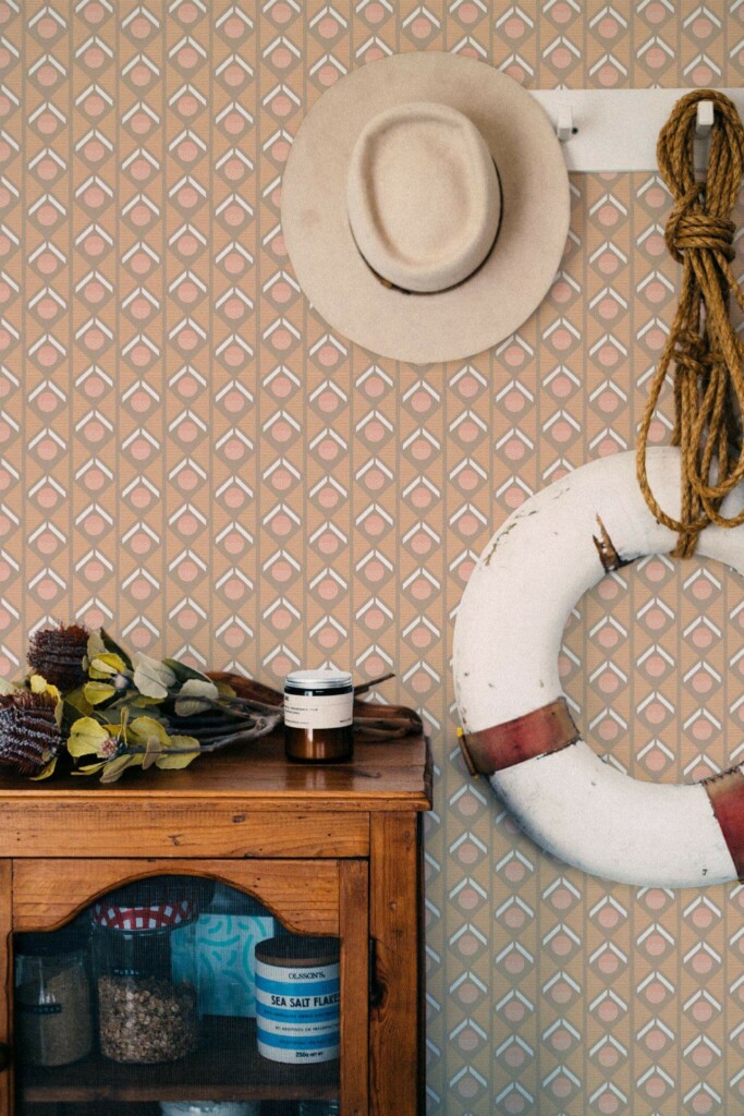 Coastal nautical style living room decorated with Sand geometric retro peel and stick wallpaper