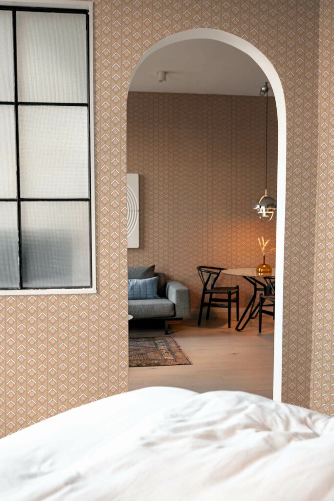 Modern scandinavian style living room decorated with Sand geometric retro peel and stick wallpaper