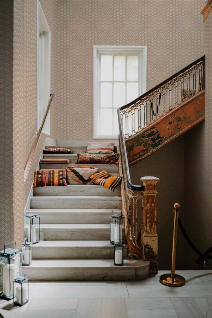 Victorian style hallway decorated with Sand geometric retro peel and stick wallpaper