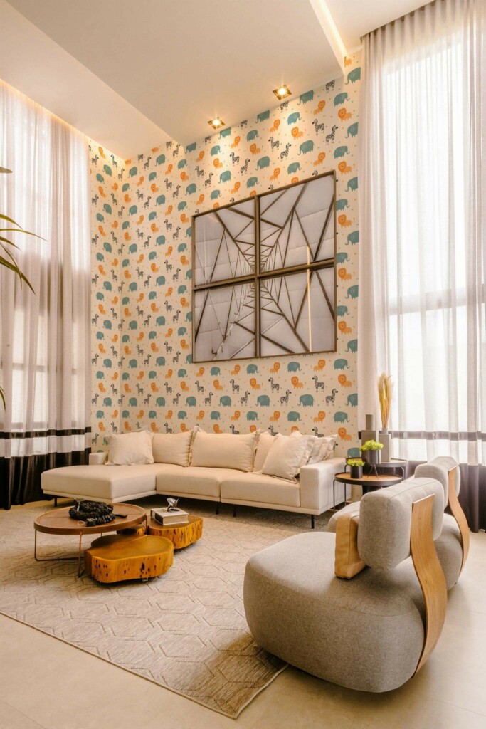 Contemporary style living room decorated with Savannah animal pattern peel and stick wallpaper