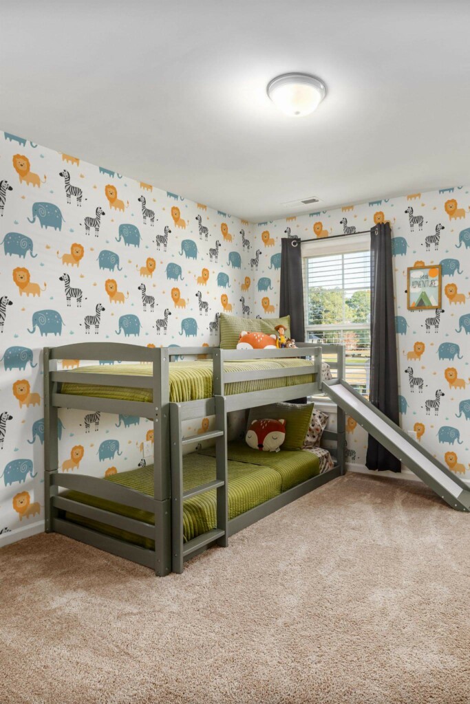 MId-century modern style kids room decorated with Savannah animal pattern peel and stick wallpaper
