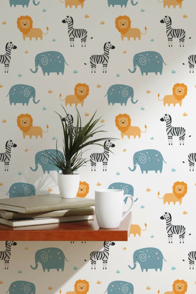 Scandinavian style accent wall decorated with Savannah animal pattern peel and stick wallpaper