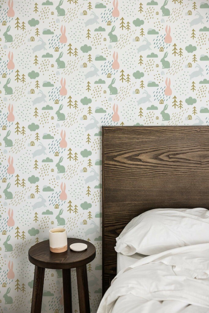 Farmhouse style bedroom decorated with Scandi forest peel and stick wallpaper