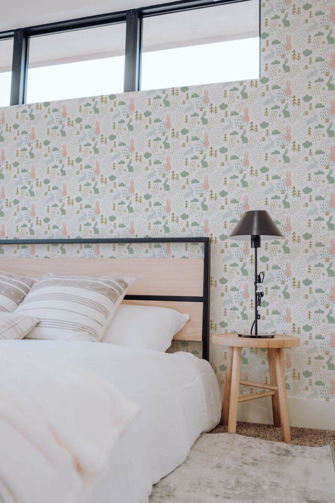 Scandinavian style bedroom decorated with Scandi forest peel and stick wallpaper