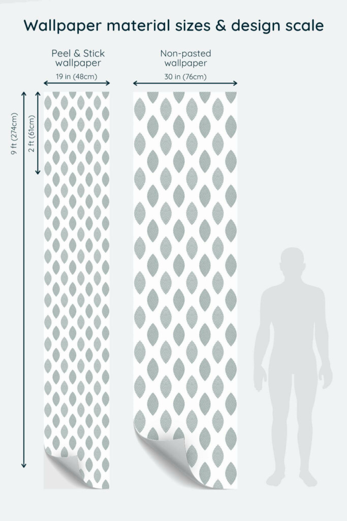 Size comparison of Scandi leaf Peel & Stick and Non-pasted wallpapers with design scale relative to human figure
