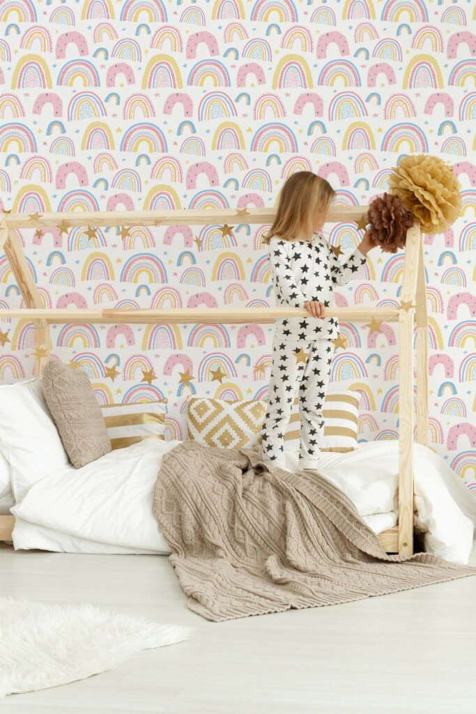 Bohemian style kids room decorated with Scandi rainbows peel and stick wallpaper