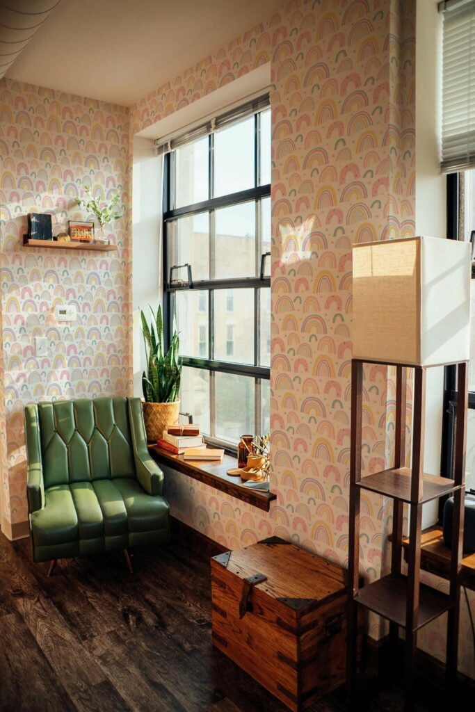 Mid-century style living room decorated with Scandi rainbows peel and stick wallpaper