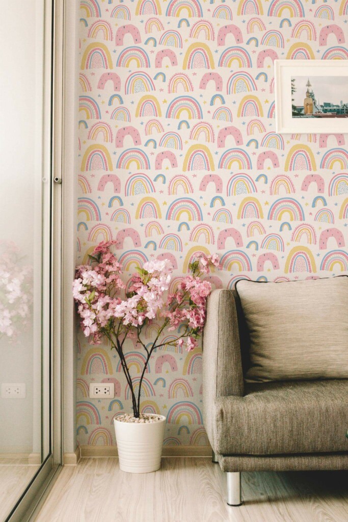 Modern farmhouse style living room decorated with Scandi rainbows peel and stick wallpaper