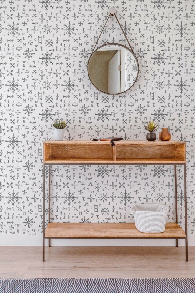Contemporary style entryway decorated with Scandi symbols peel and stick wallpaper