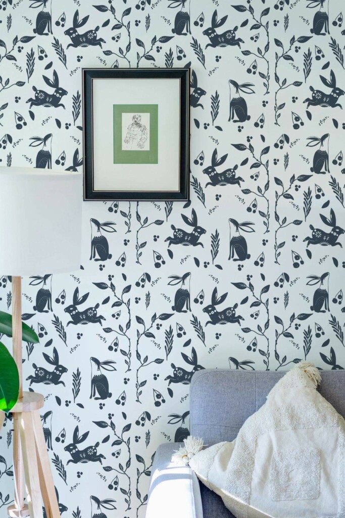 Eastern European style living room decorated with Scandinavian animal peel and stick wallpaper