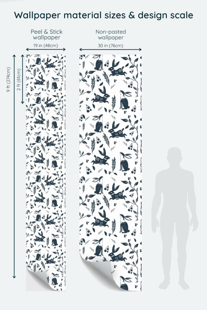 Size comparison of Scandinavian animals Peel & Stick and Non-pasted wallpapers with design scale relative to human figure