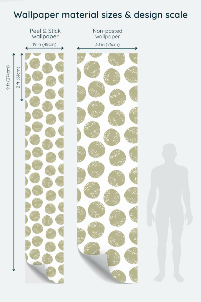 Size comparison of Scandinavian beige circle pattern Peel & Stick and Non-pasted wallpapers with design scale relative to human figure