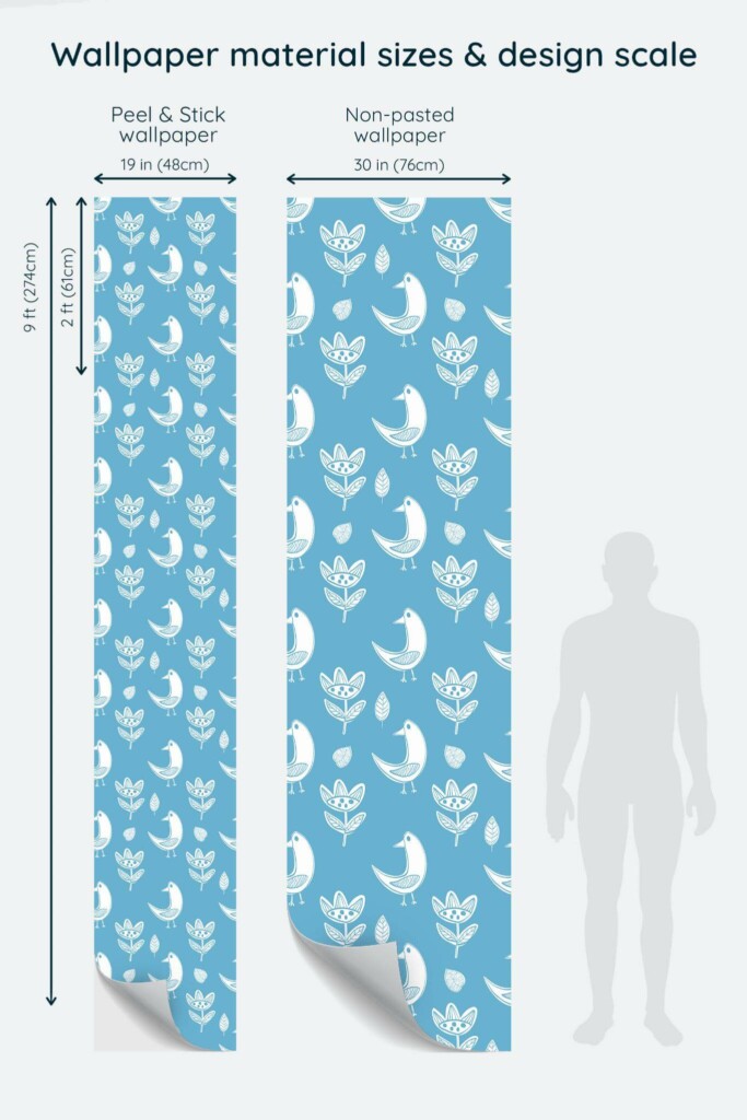 Size comparison of Scandinavian bird Peel & Stick and Non-pasted wallpapers with design scale relative to human figure