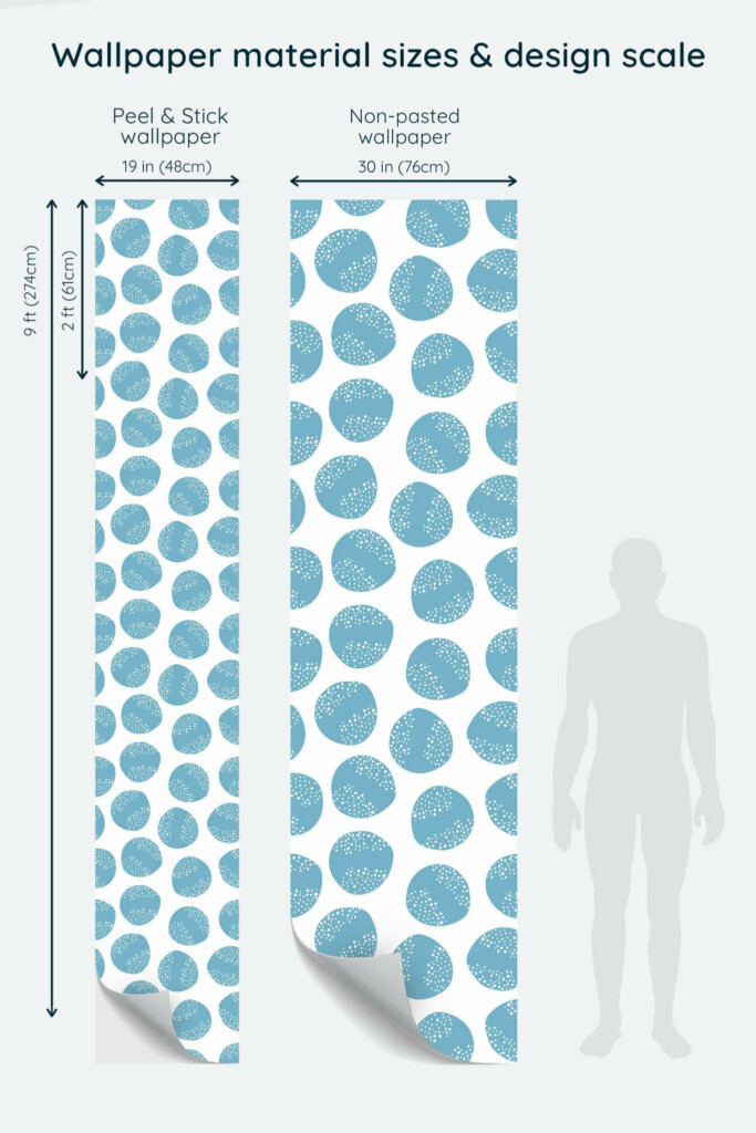 Size comparison of Scandinavian blue circle pattern Peel & Stick and Non-pasted wallpapers with design scale relative to human figure
