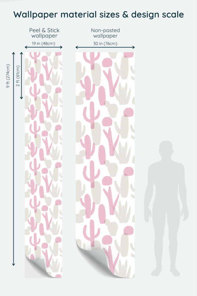 Size comparison of Scandinavian cactus pattern Peel & Stick and Non-pasted wallpapers with design scale relative to human figure