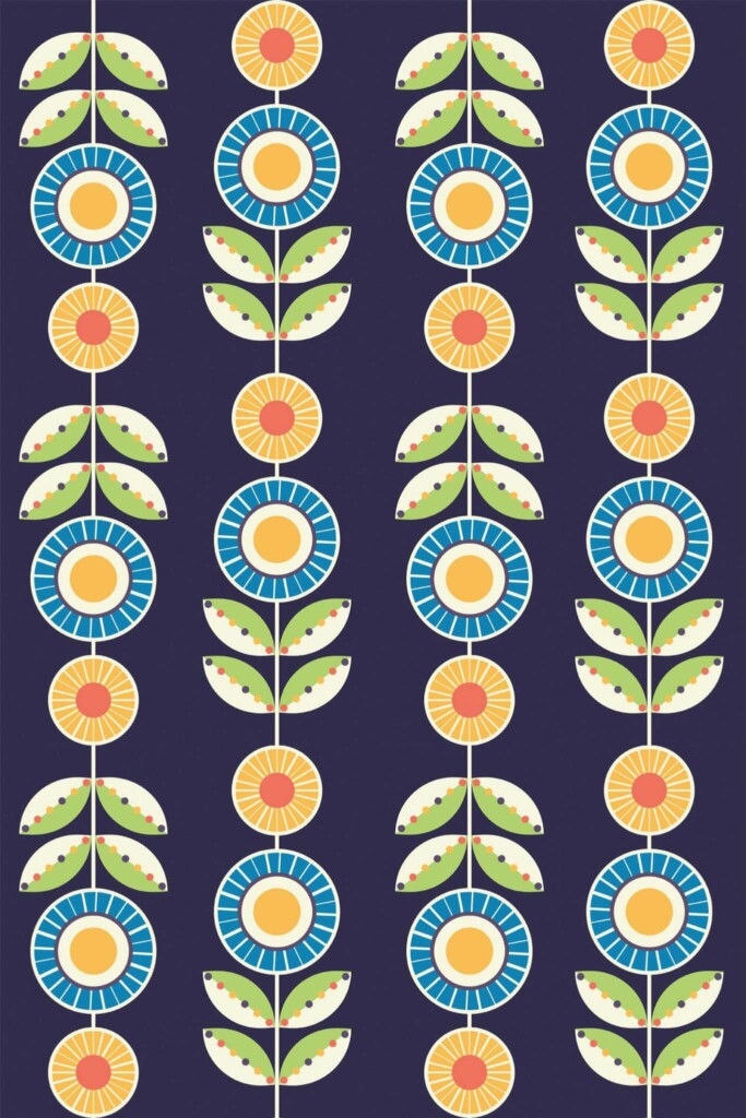 Pattern repeat of Scandinavian floral stripe removable wallpaper design