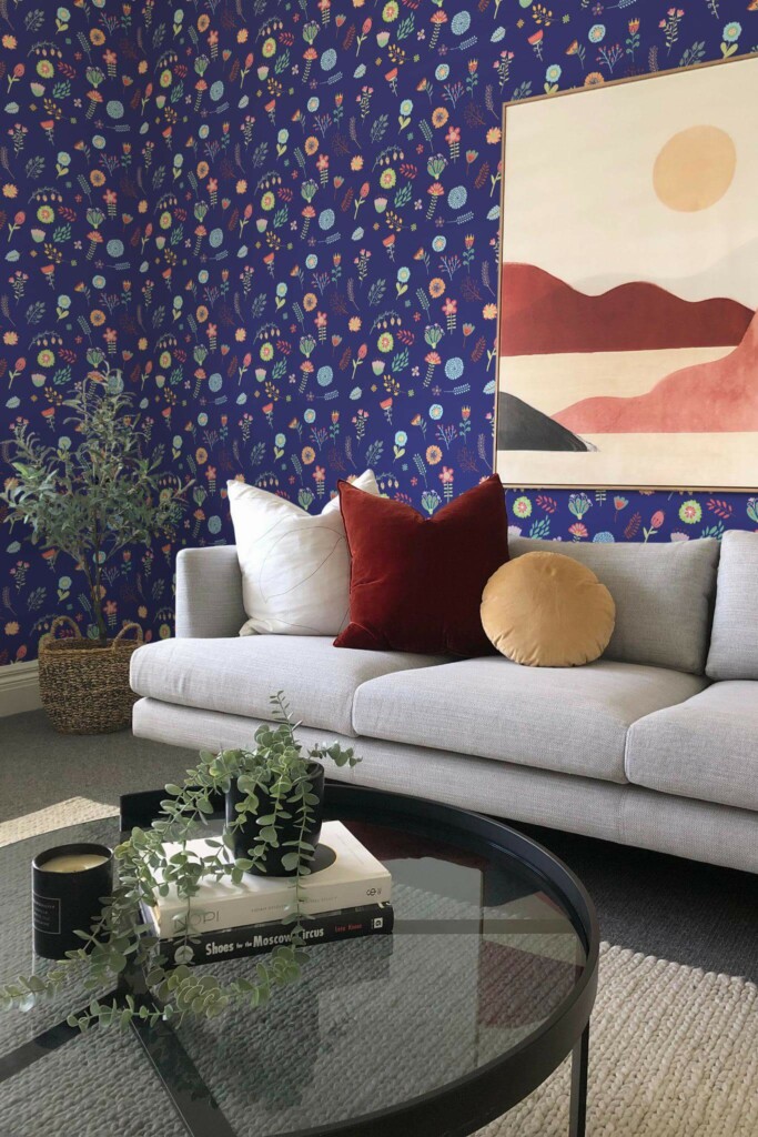 Boho style living room decorated with Scandinavian flowers peel and stick wallpaper