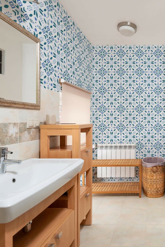 Mid-century modern style bathroom decorated with Scandinavian folk art peel and stick wallpaper