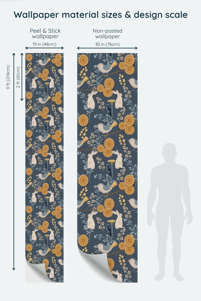 Size comparison of Scandinavian forest animals Peel & Stick and Non-pasted wallpapers with design scale relative to human figure