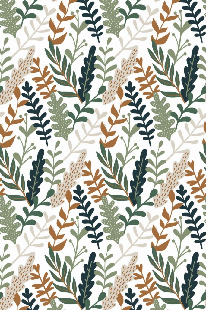Pattern repeat of Scandinavian neutral leaf removable wallpaper design