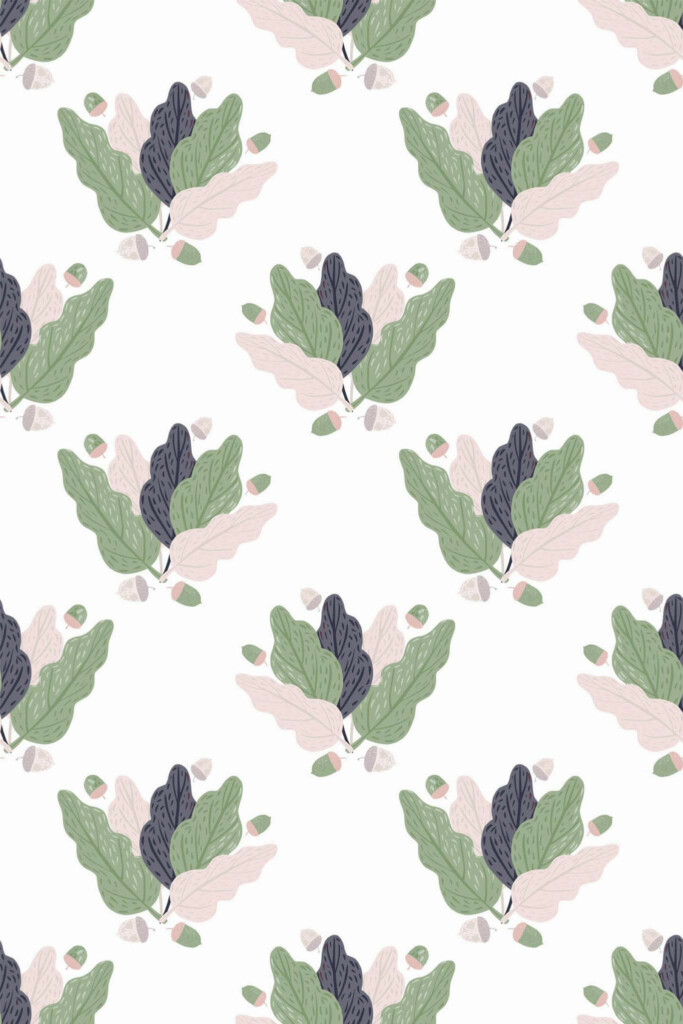 Pattern repeat of Scandinavian oak leaf removable wallpaper design