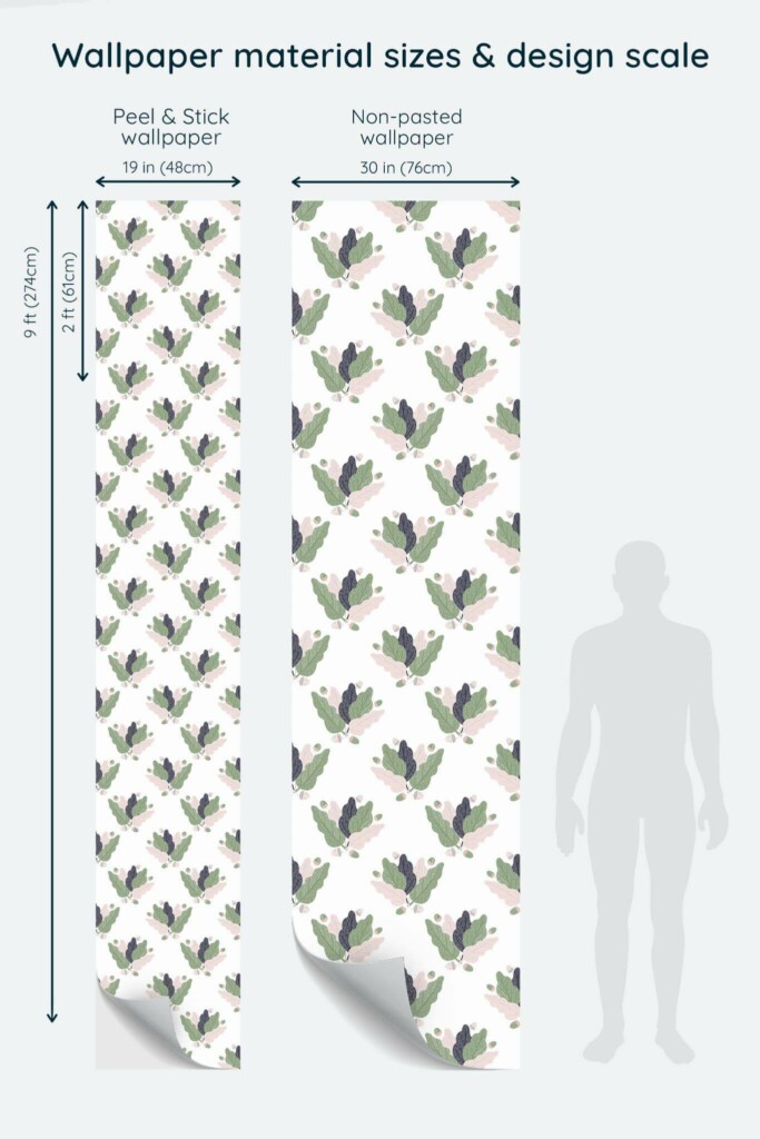 Size comparison of Scandinavian oak leaf Peel & Stick and Non-pasted wallpapers with design scale relative to human figure
