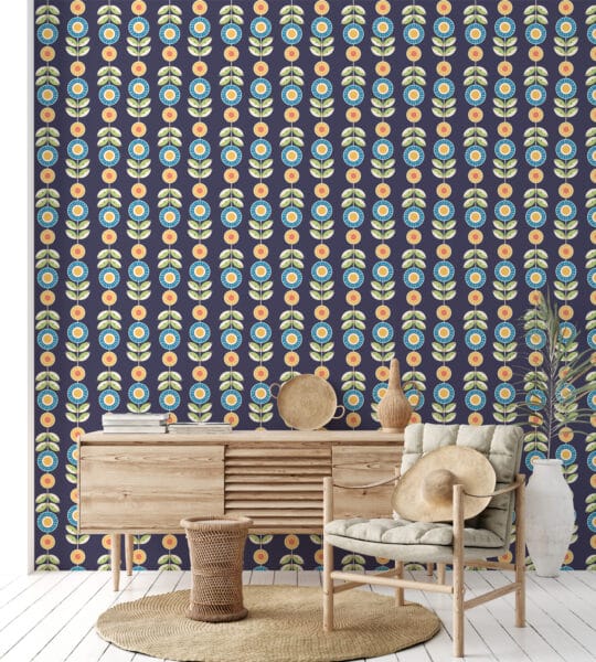 floral blue and yellow traditional wallpaper