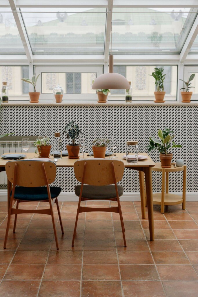 MId-century modern style dining room on a balcony decorated with Scandinavian peel and stick wallpaper