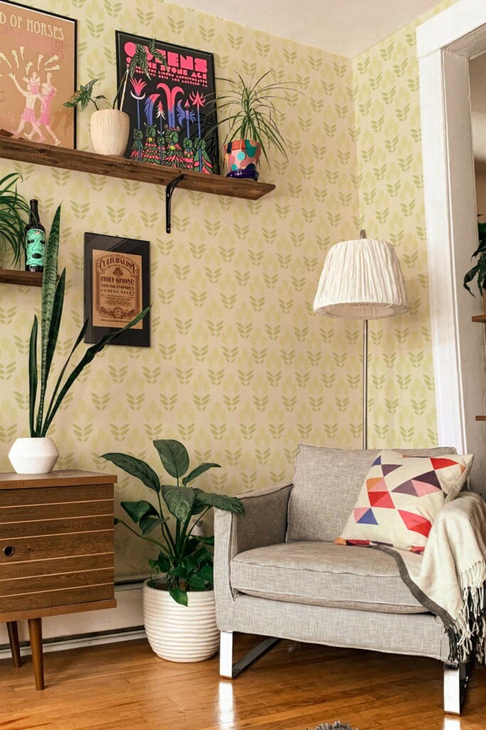 Eclectic style living room decorated with Scandinavian tulip peel and stick wallpaper