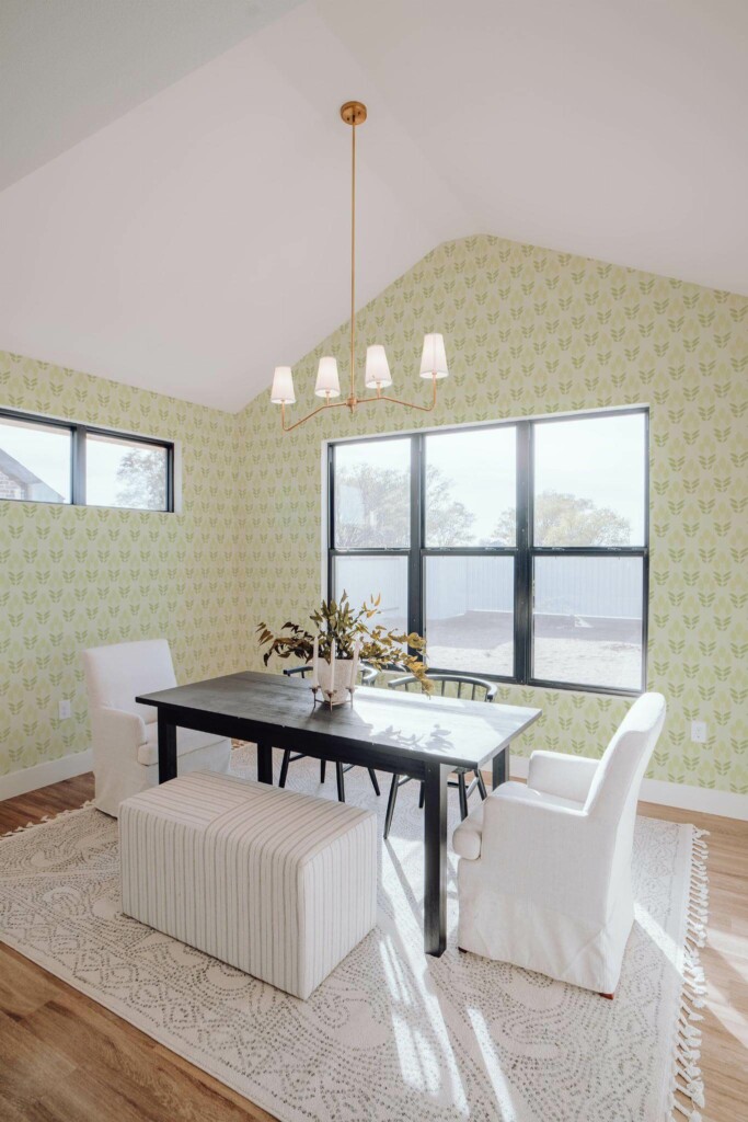 Elegant minimal style dining room decorated with Scandinavian tulip peel and stick wallpaper