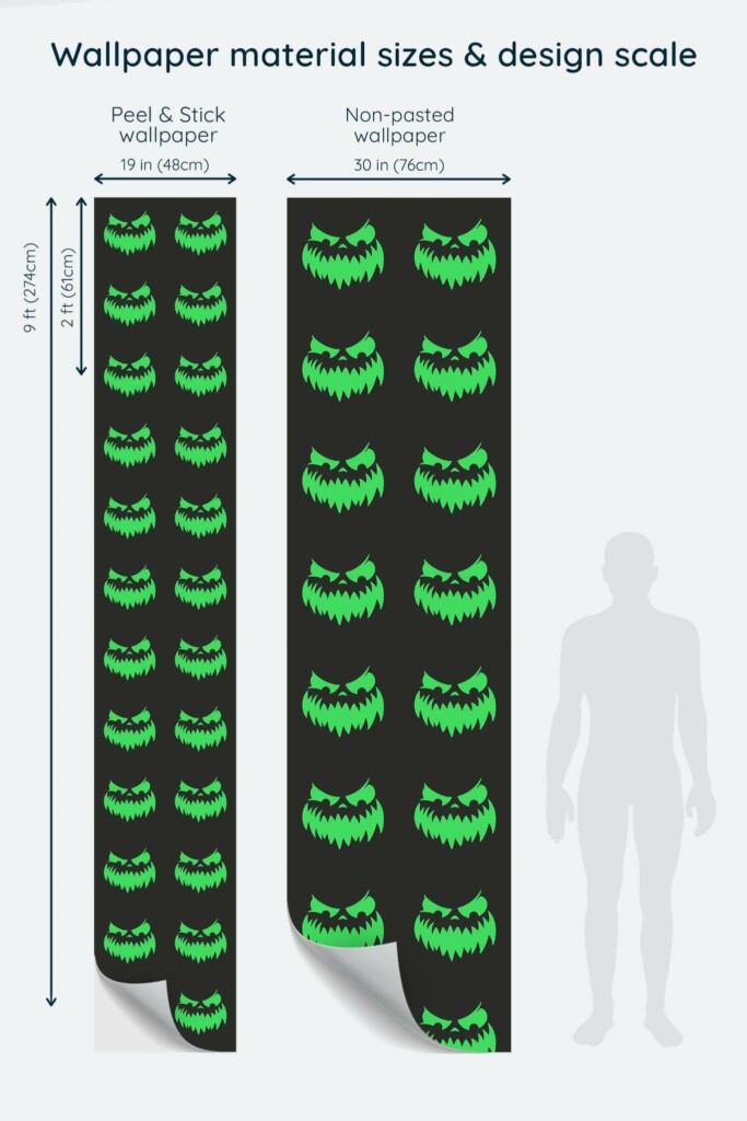 Size comparison of Scary Halloween Peel & Stick and Non-pasted wallpapers with design scale relative to human figure
