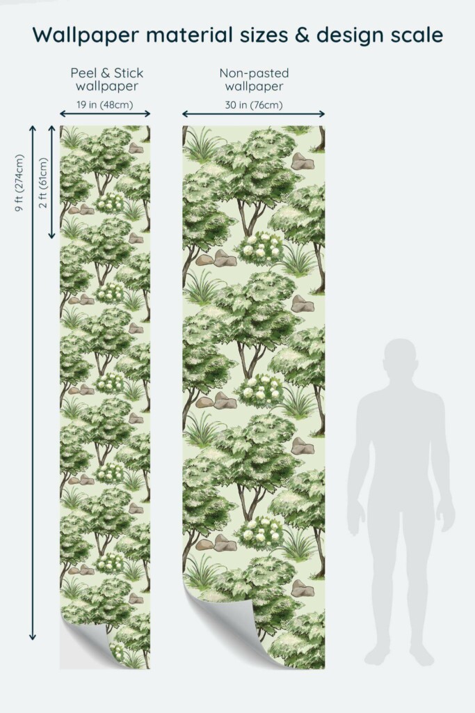 Size comparison of Scenic tree Peel & Stick and Non-pasted wallpapers with design scale relative to human figure