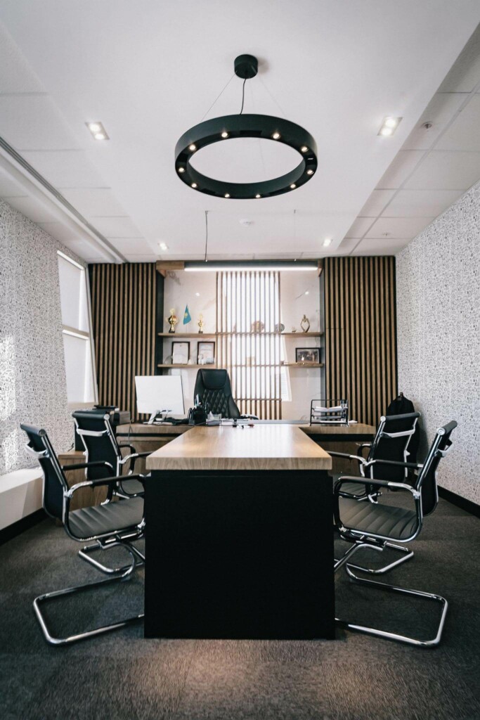 Dark modern style office decorated with School supplies peel and stick wallpaper