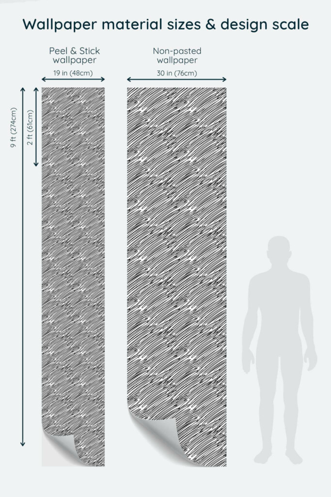 Size comparison of Scribble Peel & Stick and Non-pasted wallpapers with design scale relative to human figure