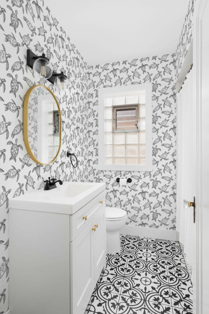Minimal style bathroom decorated with Sea turtles peel and stick wallpaper