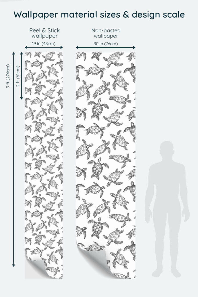 Size comparison of Sea turtles Peel & Stick and Non-pasted wallpapers with design scale relative to human figure