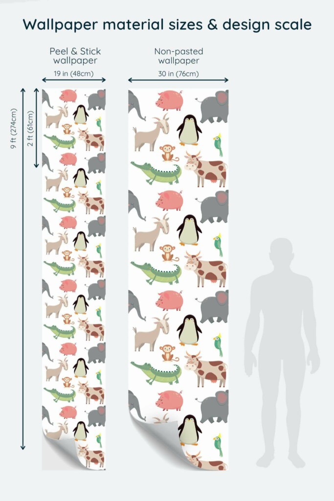 Size comparison of Seamless animal Peel & Stick and Non-pasted wallpapers with design scale relative to human figure