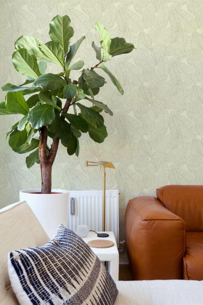 Mid-century style living room decorated with Seamless Banana leaf peel and stick wallpaper